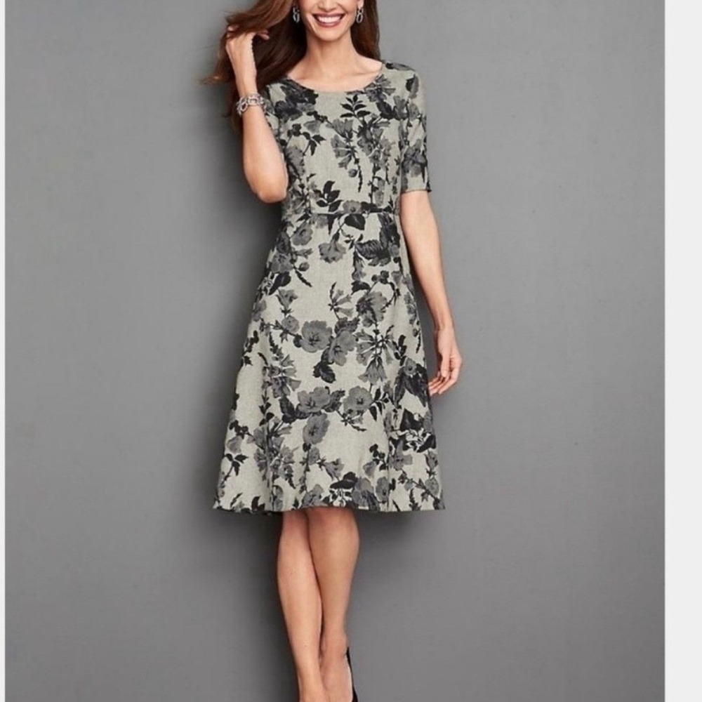 Talbots Gray Floral Wool Flare Dress Size 10